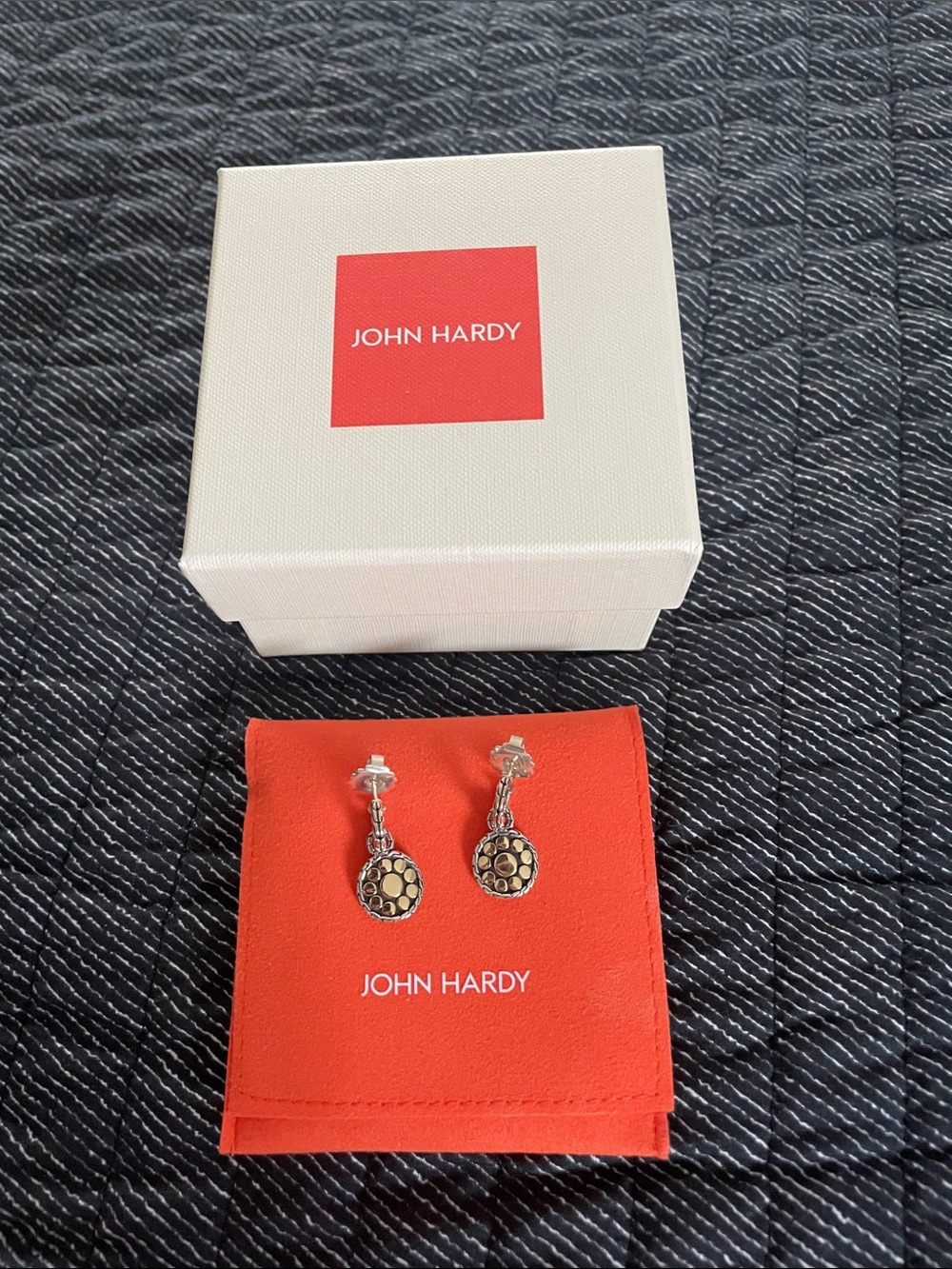 John Hardy Dot Silver & 18K Yellow Gold Small Round Hoop Drop Earrings - Picture 5 of 7